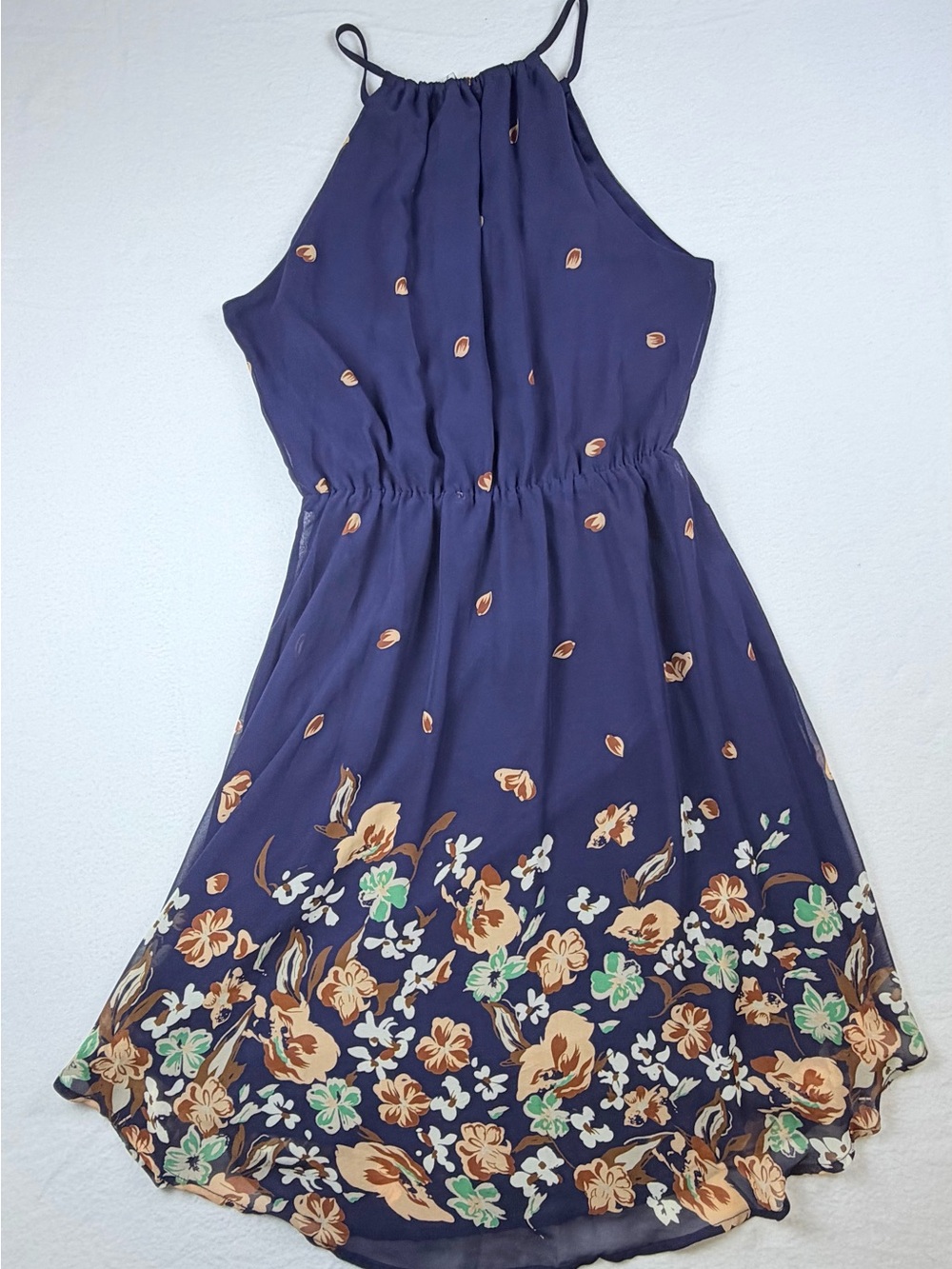 Collective Concepts Navy Blue Floral Chiffon Halter Dress Large Boho Fall - Picture 8 of 8